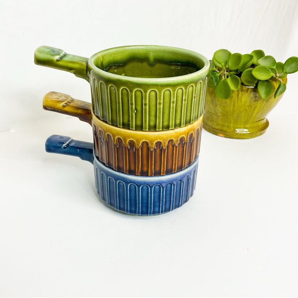 VINTAGE MCM Japanese Stackable Soup Bowls Ribbed Ceramic Set of 3 60s-70s